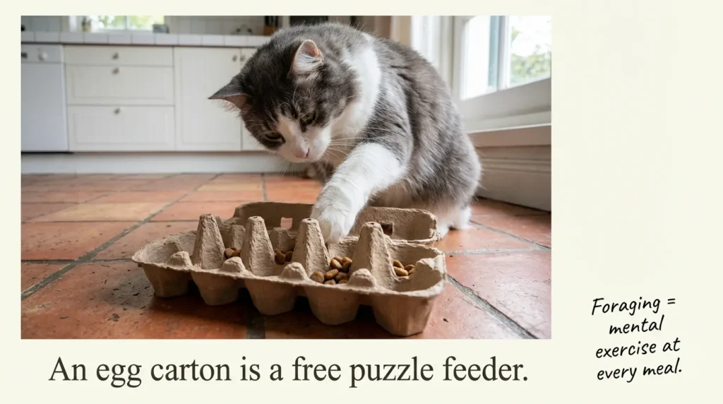 DIY cat puzzle feeder — cat pushing kibble out of holes in egg carton on kitchen floor