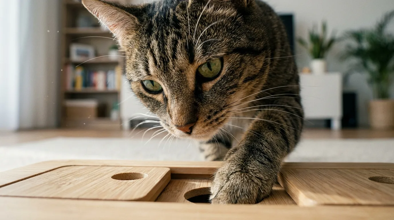 indoor cat enrichment ideas — realistic infographic showing 5 enrichment activities for apartment cats including play foraging climbing scratching and window watching