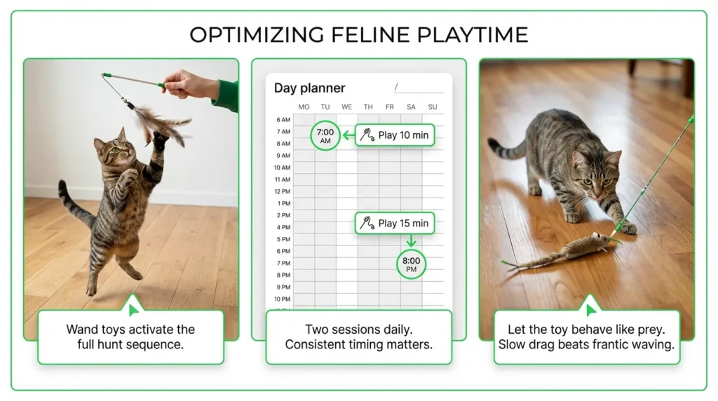  indoor cat interactive play ideas — realistic infographic showing correct wand toy technique and daily play schedule
