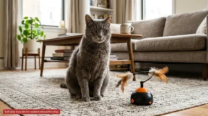 indoor cat play problem — cat ignoring battery toy on floor while staring at owner wanting real interaction
