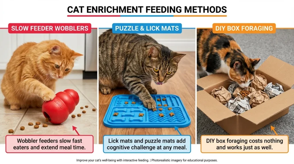  indoor cat puzzle feeder enrichment — realistic infographic showing three types of food puzzles and foraging benefits
