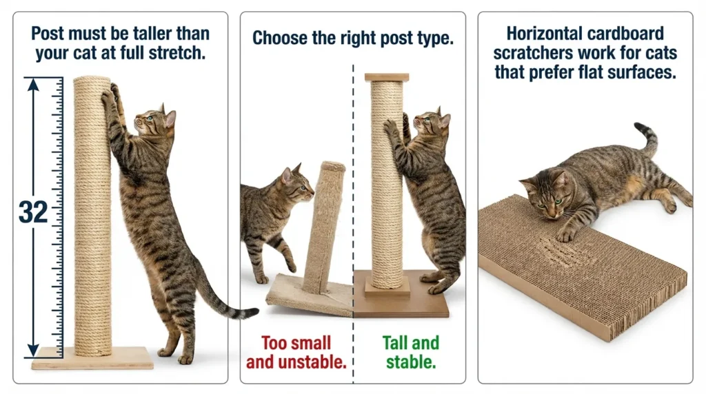  indoor cat scratching enrichment — realistic infographic showing correct post height placement and texture comparison