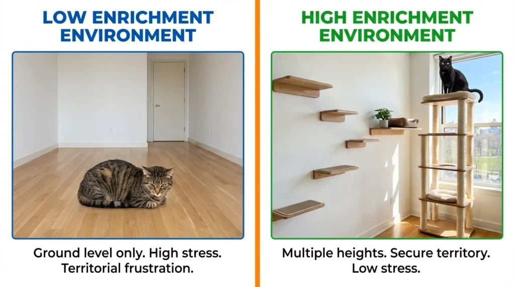 indoor cat vertical space enrichment — realistic infographic comparing cat with and without climbing options in apartment
