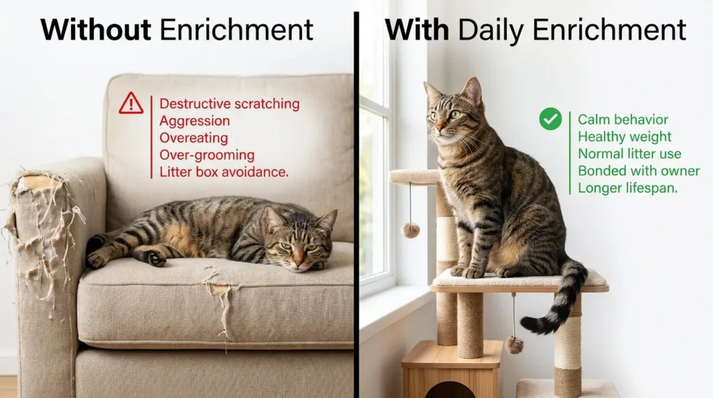  indoor cat enrichment benefits — realistic infographic showing boredom signs versus enriched cat behavior