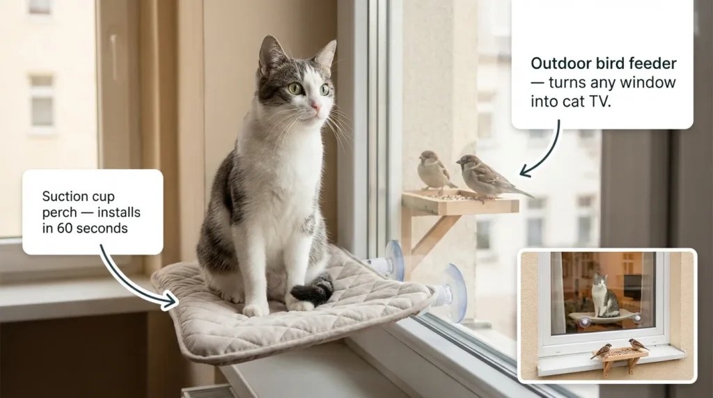 indoor cat window enrichment — realistic infographic showing window perch bird feeder setup for apartment cats