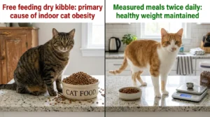 indoor cat free feeding dry kibble mistake — overweight cat beside an always-full dry food bowl versus lean cat with measured portion
