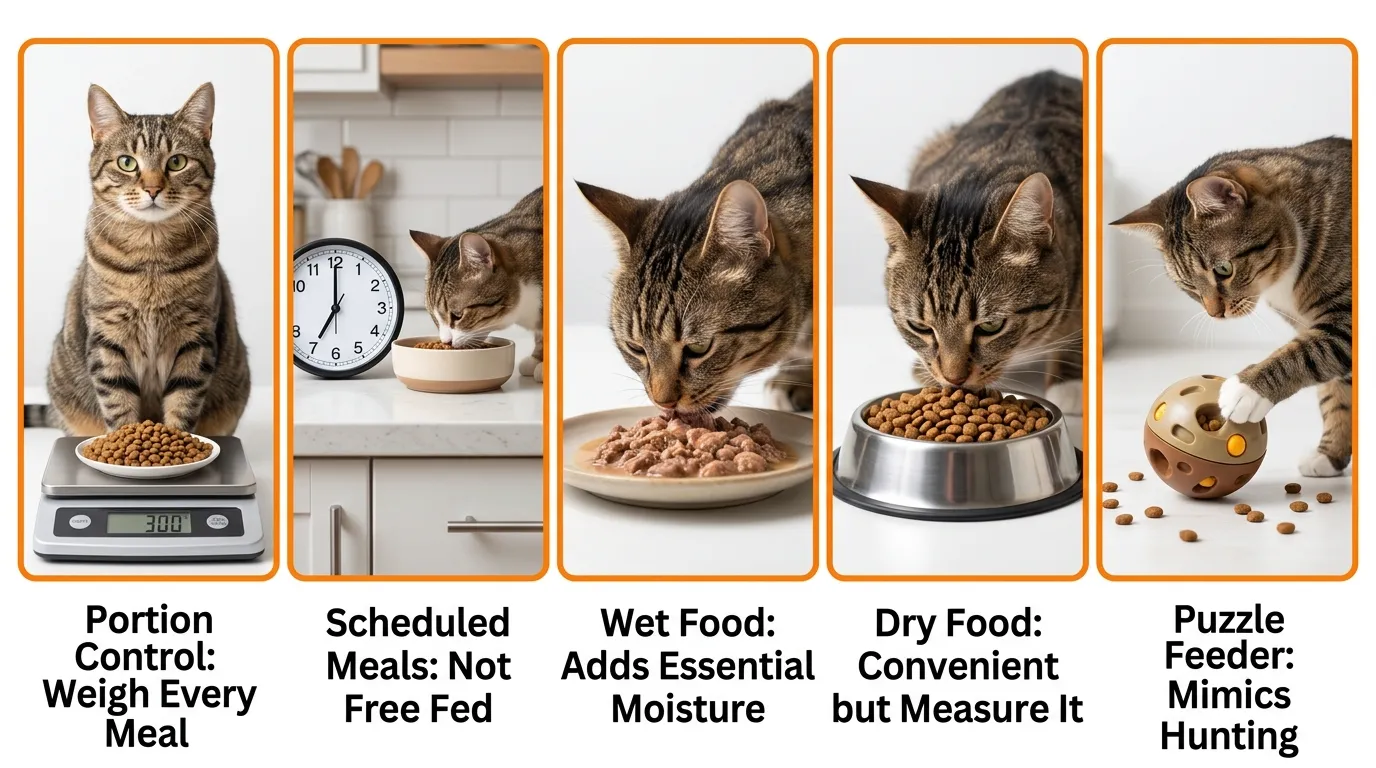 how to feed an indoor cat properly — realistic infographic showing 5 key feeding elements: portion control, meal schedule, wet food, dry food and puzzle feeder