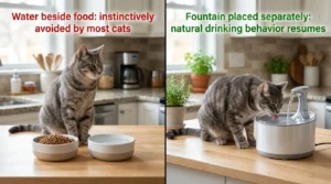 indoor cat water intake comparison — cat ignoring static bowl beside food versus cat drinking actively from flowing water fountain placed separately