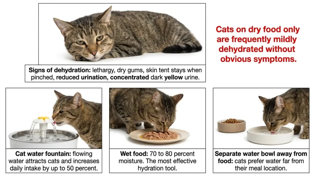 how to get indoor cat to drink more water — realistic infographic showing dehydration signs and three hydration solutions