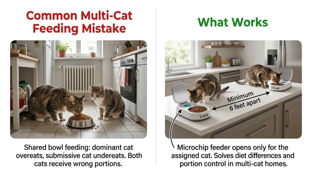 how to feed multiple cats separately — realistic infographic showing multi-cat feeding station setup with separation solutions