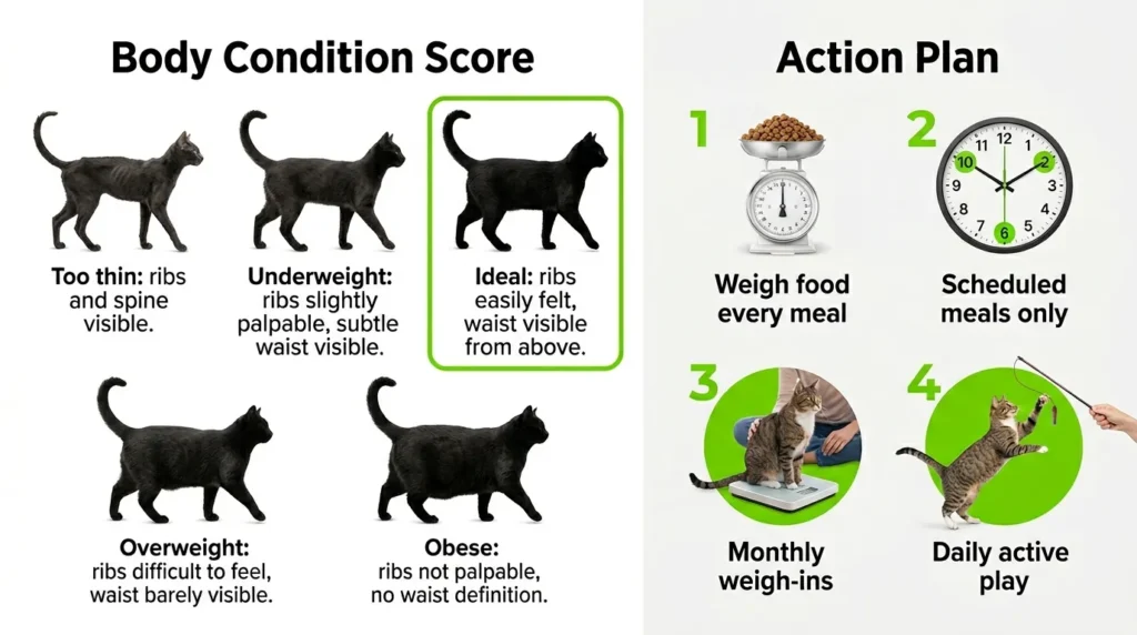  indoor cat obesity prevention — realistic infographic showing body condition score chart and practical weight management steps