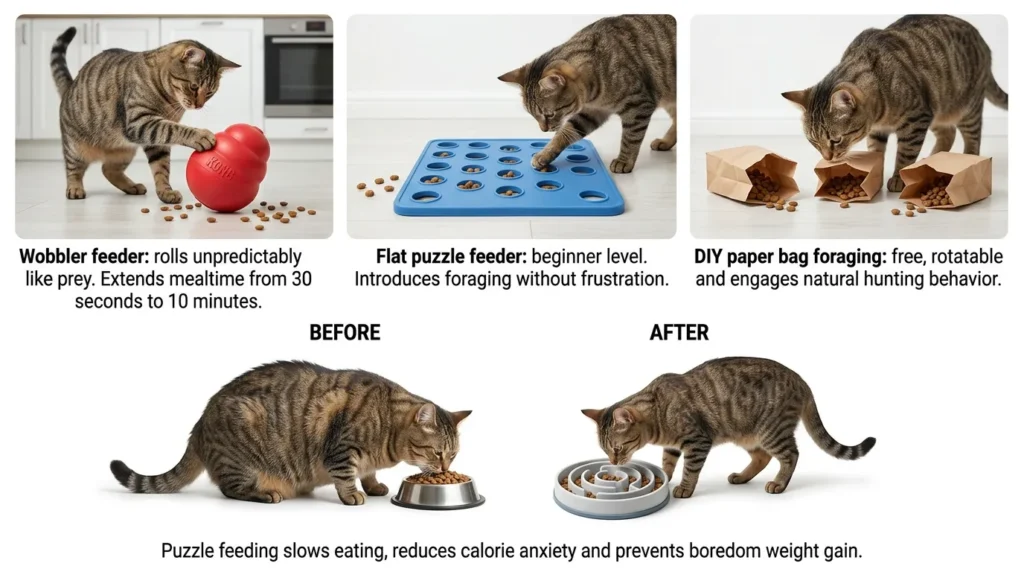 indoor cat puzzle feeder enrichment — realistic infographic comparing three puzzle feeder types with problem-solution setup