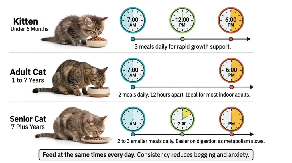 best feeding schedule for indoor cats — realistic infographic showing daily meal timing by life stage with clock graphics