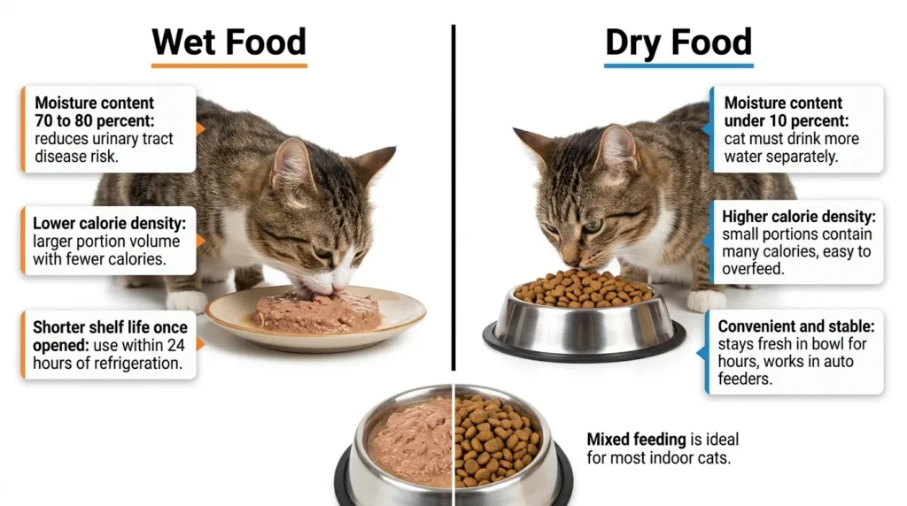 wet food vs dry food for indoor cats — realistic infographic comparing nutritional differences and best use for each type