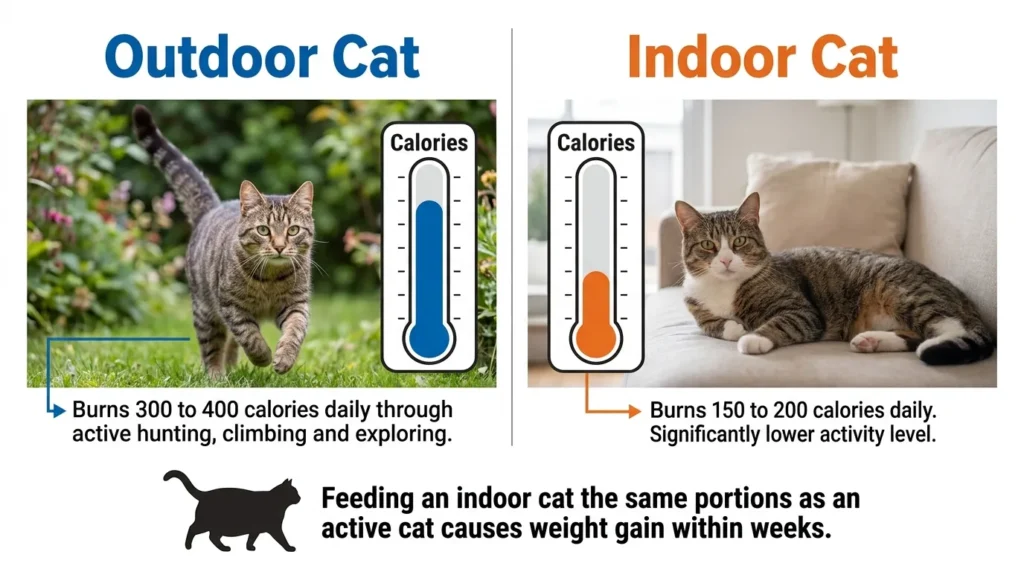 why indoor cat feeding is different — realistic infographic comparing calorie needs of active outdoor cat versus sedentary indoor cat
