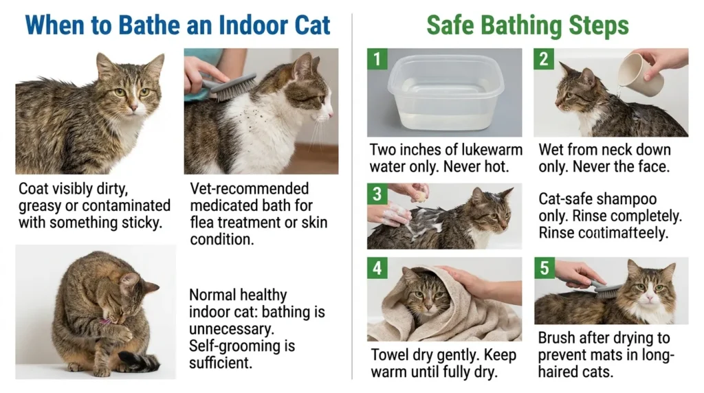 how to bathe a cat that hates water — realistic infographic showing when bathing is necessary and the safe step by step method