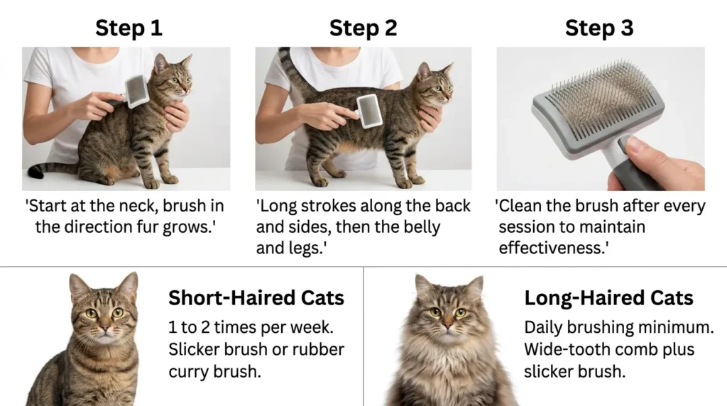 how often to brush indoor cat — realistic infographic showing brushing technique and frequency by coat type 