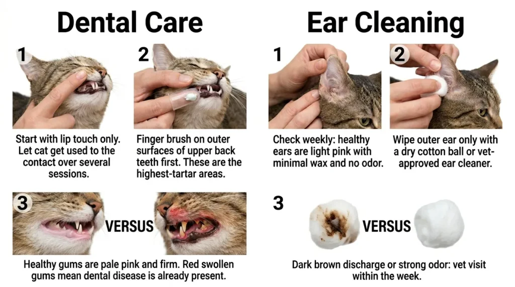 how to brush cat teeth at home and clean cat ears — realistic infographic showing dental brushing technique and ear inspection steps 