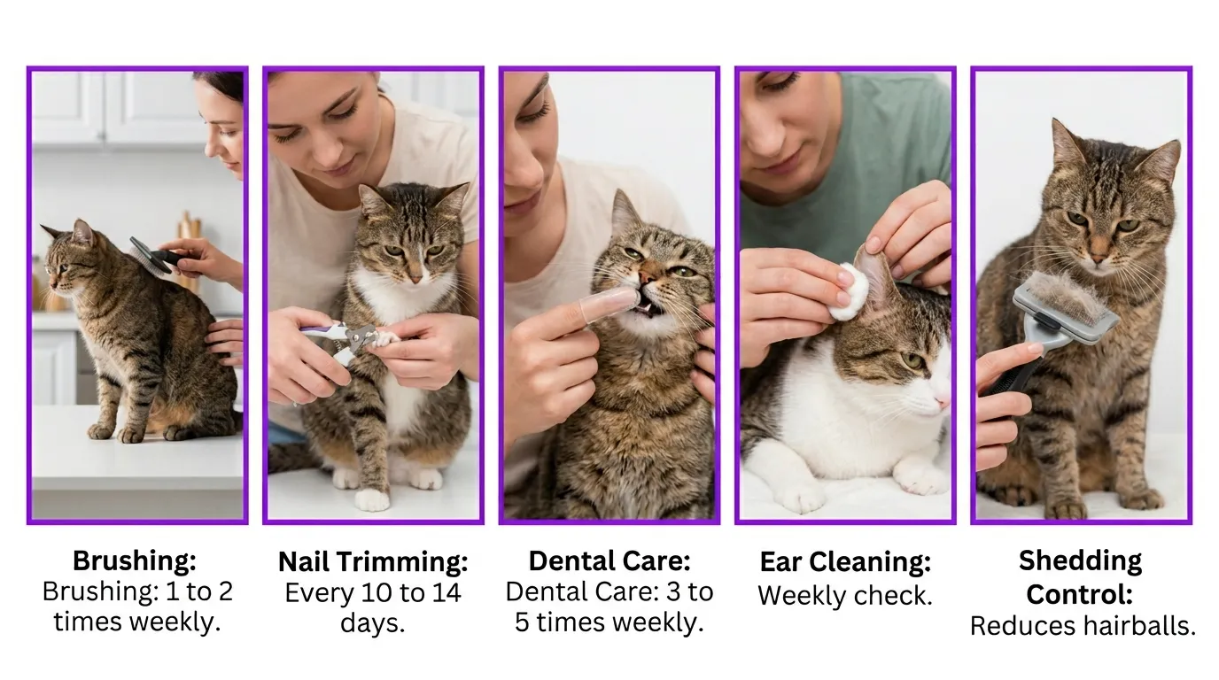 how to groom an indoor cat at home — realistic infographic showing 5 grooming areas: brushing, nail trimming, dental care, ear cleaning and shedding reduction
