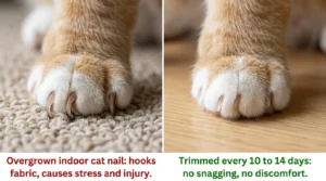 indoor cat nail trimming mistake — overgrown curved nail that has caught in carpet versus correctly trimmed short nail 