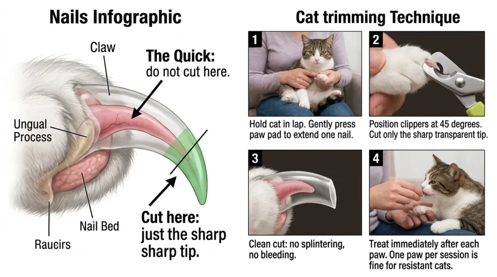 how to trim cat nails at home — realistic infographic showing nail anatomy, safe cutting zone and step by step trimming technique 