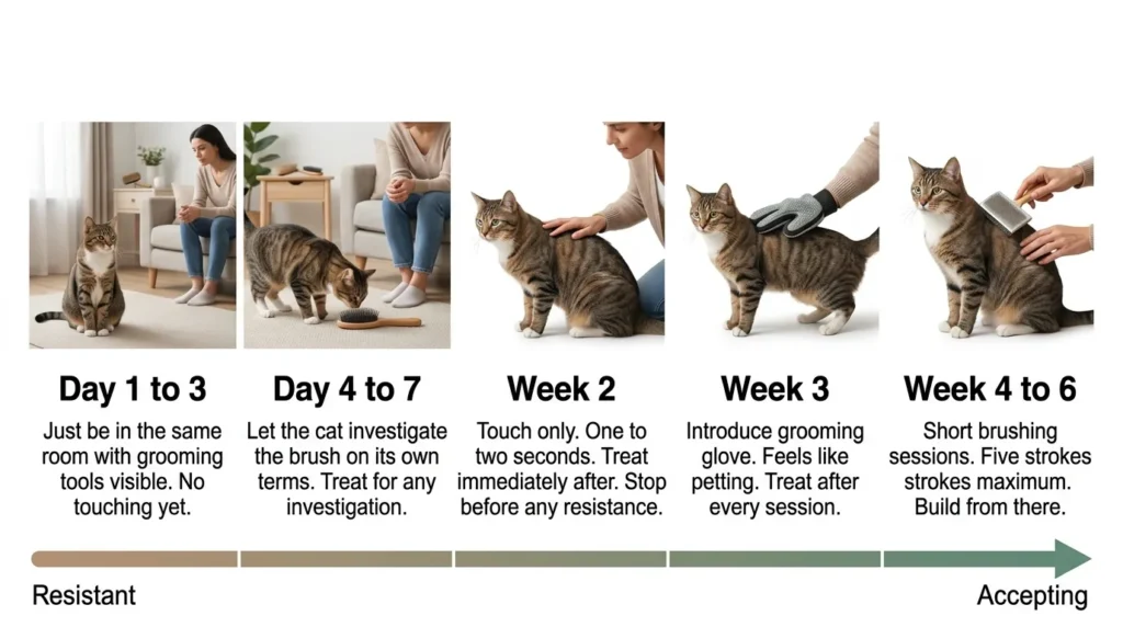 how to groom cat that hates being touched — realistic infographic showing step by step desensitization technique for resistant cats