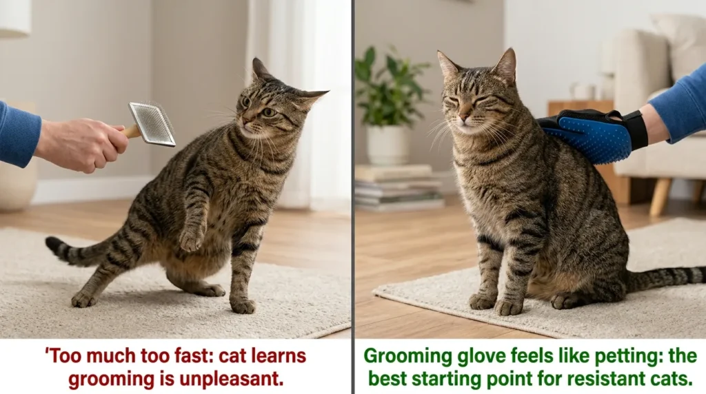 resistant cat grooming technique — cat pulling away from brush versus cat relaxed under grooming glove