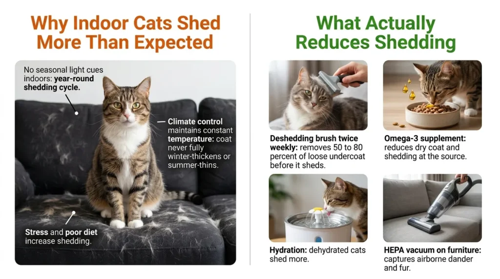 why is my indoor cat shedding so much and how to reduce cat shedding in house — realistic infographic showing cause and solution for excessive indoor cat shedding