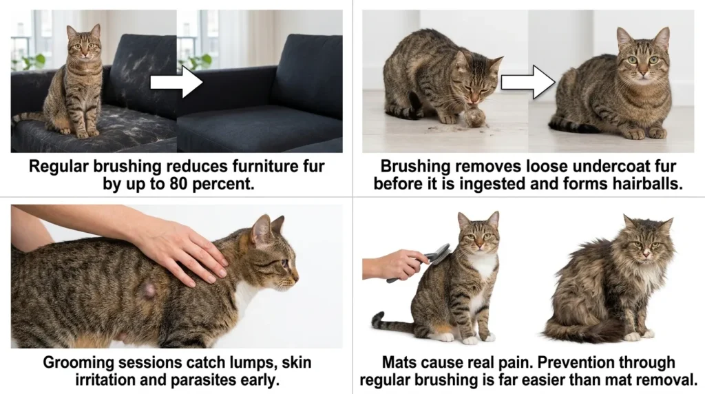 why groom indoor cat at home — realistic infographic showing grooming benefits including shedding reduction hairball prevention and health monitoring 
