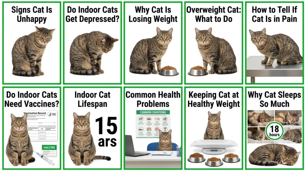 indoor cat health complete guide — realistic infographic showing 10 cluster article topics in a grid layout