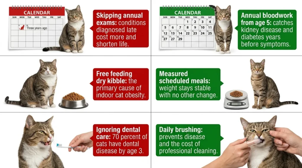 indoor cat health mistakes — realistic infographic showing 3 common errors with problem on left and solution on right
