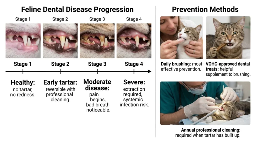 indoor cat dental health care — realistic infographic showing stages of dental disease and prevention methods