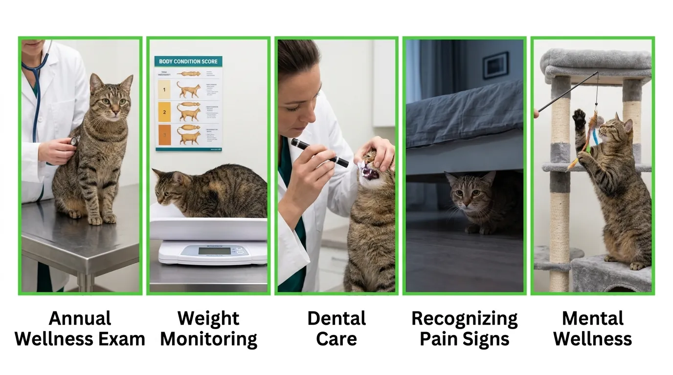 indoor cat health — realistic infographic showing 5 key preventive care areas: annual vet exam, weight monitoring, dental care, hidden illness signs and mental wellness