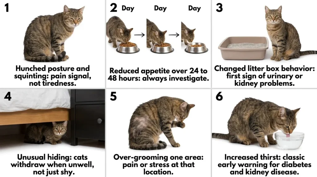 how to tell if cat is in pain — realistic infographic showing 6 subtle warning signs of illness in indoor cats with visual examples
