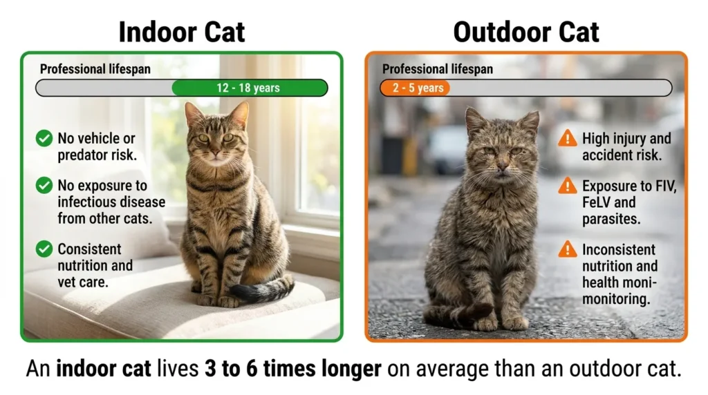 indoor cat lifespan how long do they live — realistic infographic comparing indoor cat lifespan versus outdoor cat lifespan with key longevity factors
