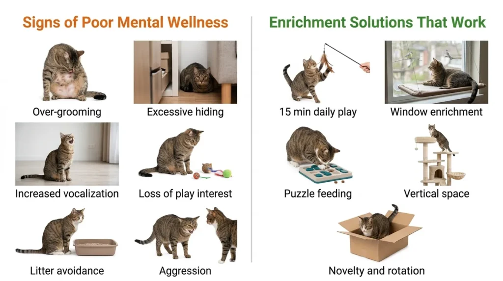 do indoor cats get depressed — realistic infographic showing signs of stress and boredom in indoor cats with enrichment solutions
