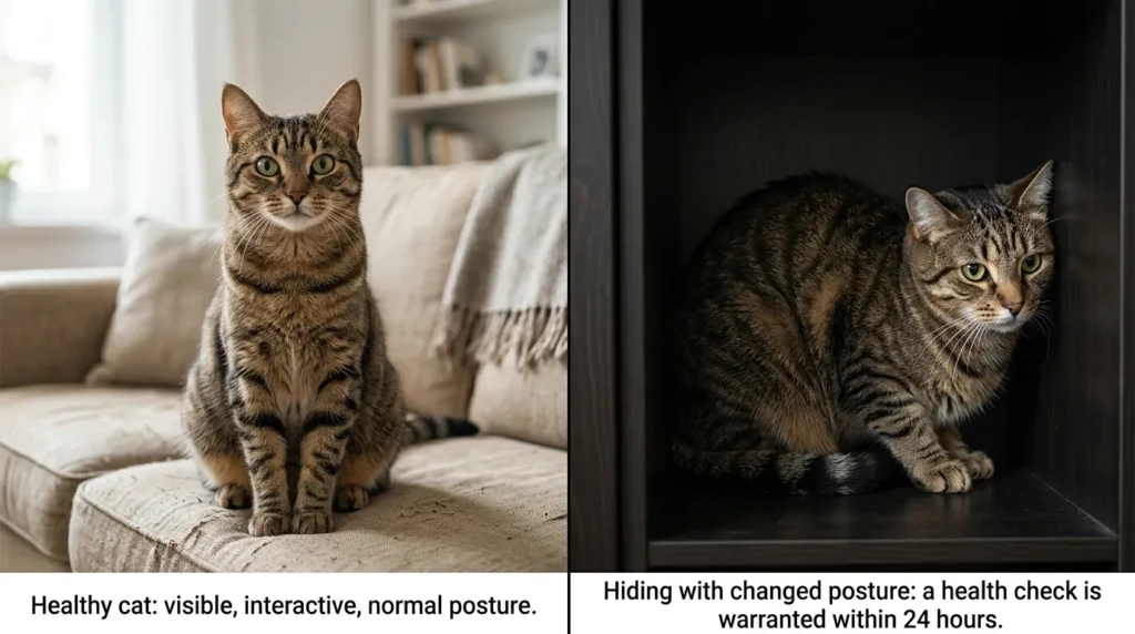 indoor cat hiding as illness sign — healthy alert cat in open spaces versus sick cat hiding in dark enclosed space
