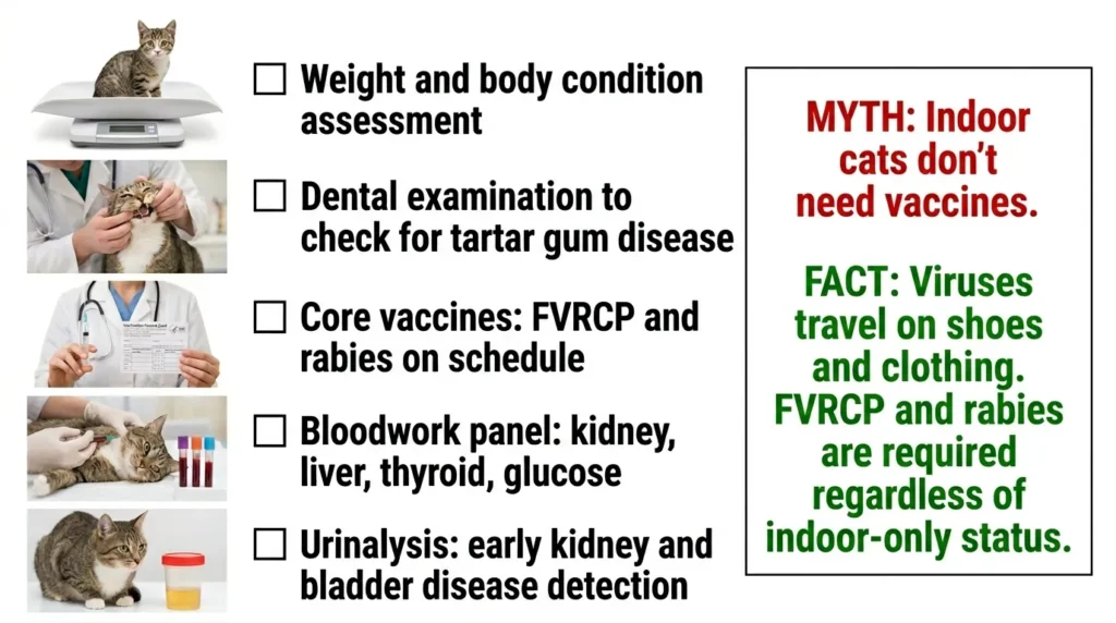 do indoor cats need vaccinations — realistic infographic showing annual wellness exam checklist and core vaccine schedule for indoor cats