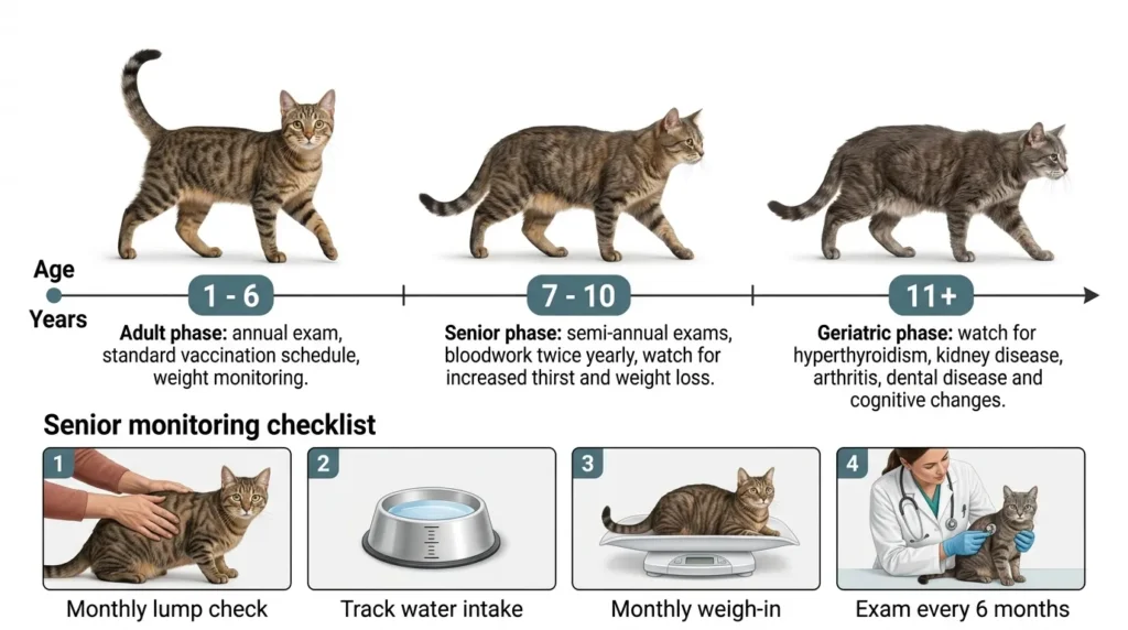 indoor cat sleep habits and senior health — realistic infographic showing age-related health changes and monitoring steps for older indoor cats