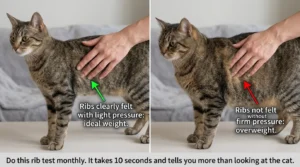 indoor cat overweight body condition check — owner feeling ribs on ideal weight cat versus overweight cat where ribs are not palpable
