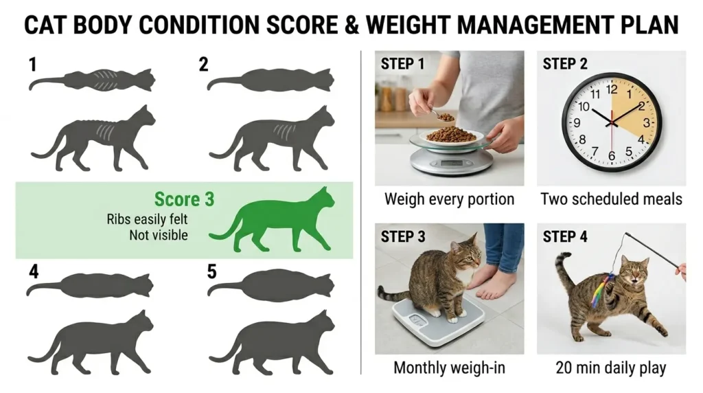 indoor cat overweight what to do — realistic infographic showing body condition scoring method and weight management steps