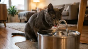 indoor cat hydration wet food — gray cat drinking from water fountain in apartment living room showing hydration needs