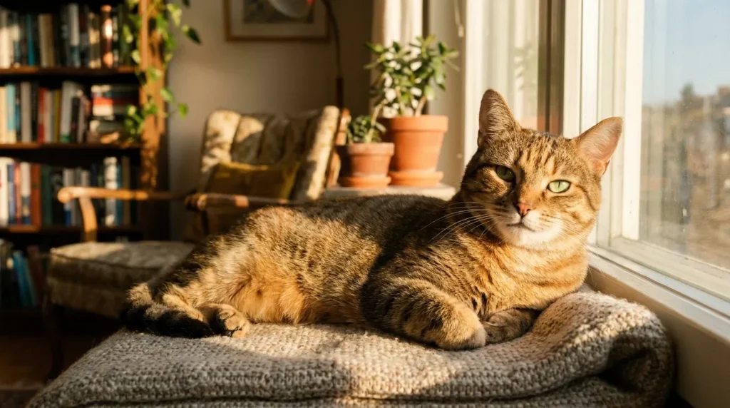 average indoor cat lifespan — healthy senior tabby cat resting on soft blanket in warm apartment