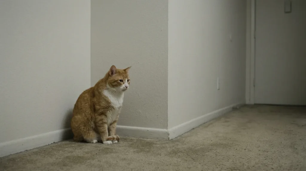 indoor cat lifespan mistake — overweight bored cat sitting alone in unstimulating apartment