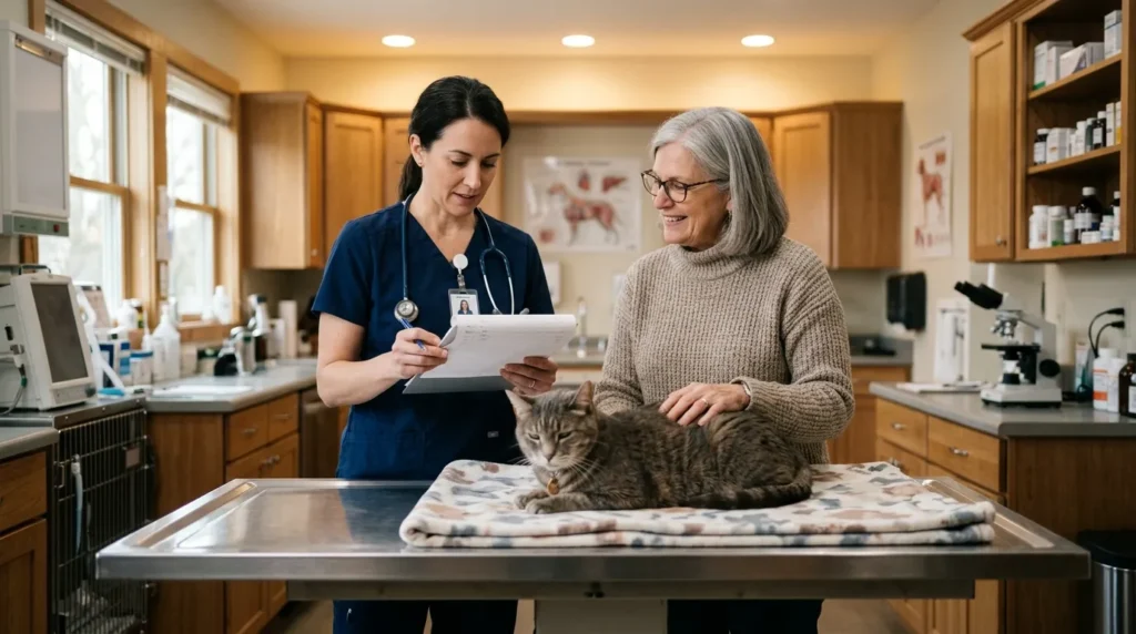 how to extend indoor cat lifespan — owner and vet reviewing senior cat care plan in clinic