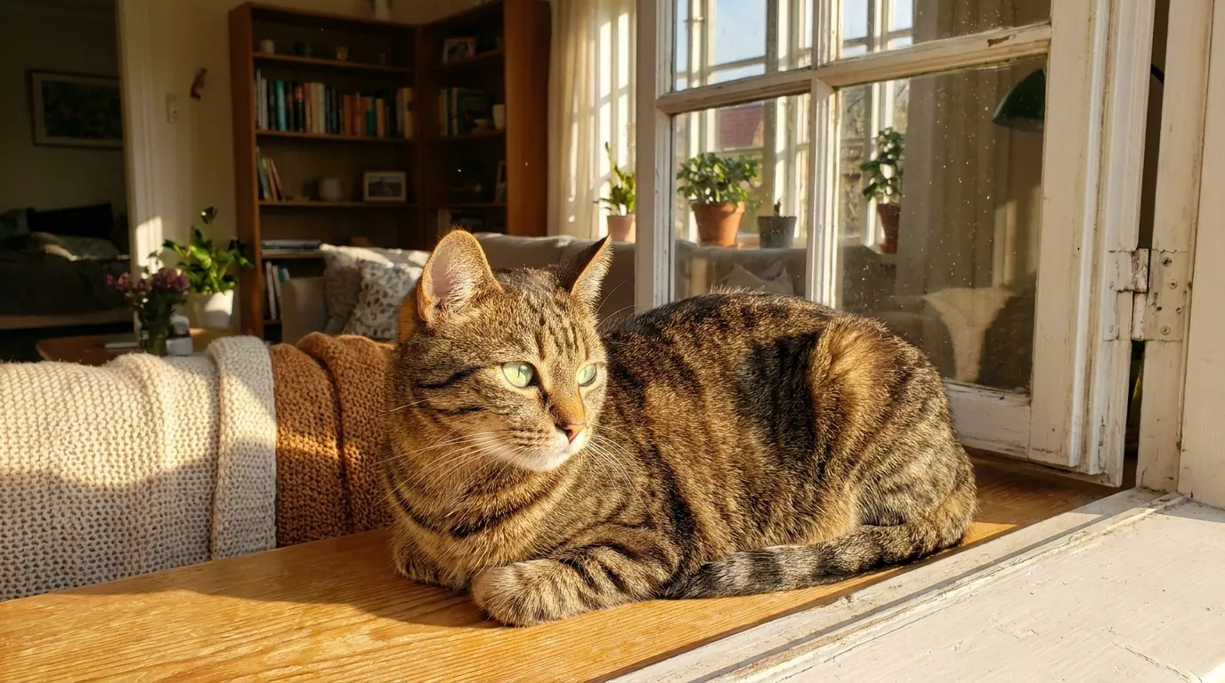 indoor cat lifespan how long do they live — healthy tabby cat sitting on sunny apartment windowsill
