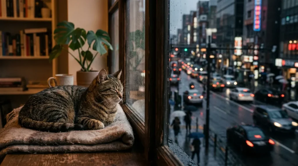 indoor vs outdoor cat lifespan — tabby cat resting safely indoors while busy street is visible through window