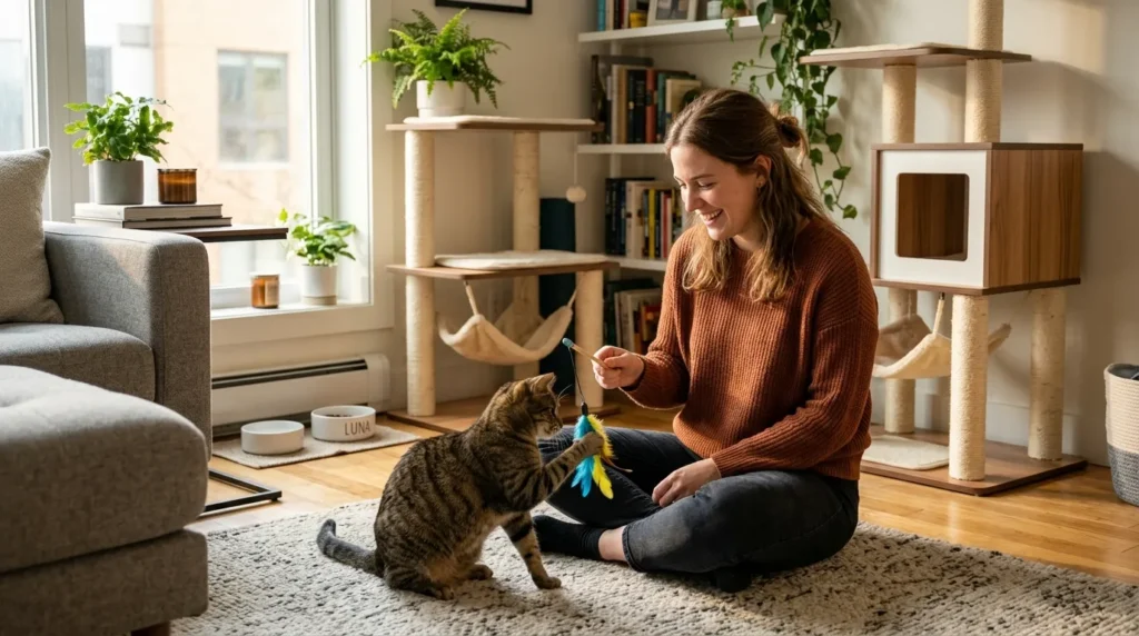factors affecting indoor cat lifespan — owner playing with tabby cat in enriched apartment setting