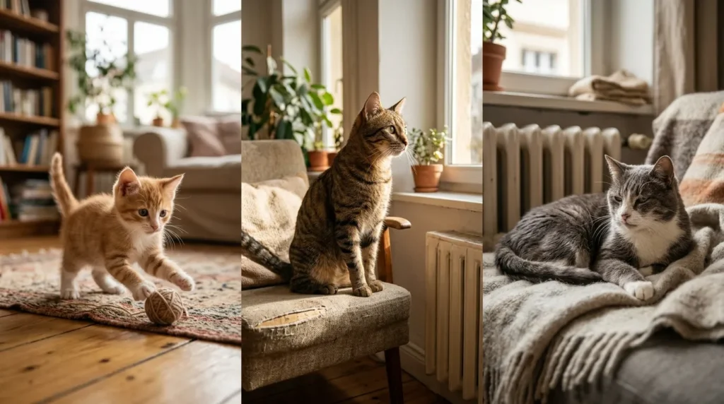 indoor cat life stages — kitten adult and senior cat shown side by side in apartment setting