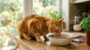 indoor cat nutrition and lifespan — orange tabby eating from ceramic bowl in apartment kitchen
